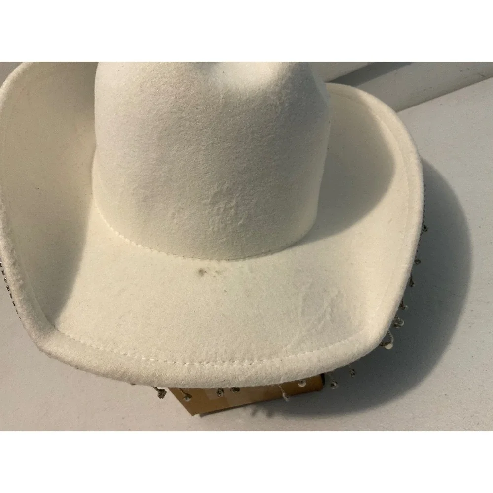 White Bride Cowboy Hat Pearl Rhinestone Fringe Bachelorette Party Western Felt